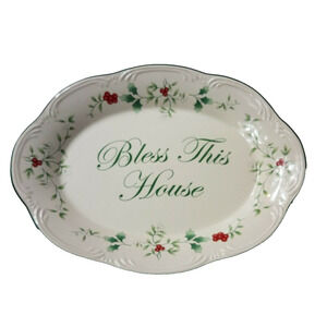 Pfaltzgraff Winterberry Bless This House Oval Serving Plate Christmas 8.5X11 in.